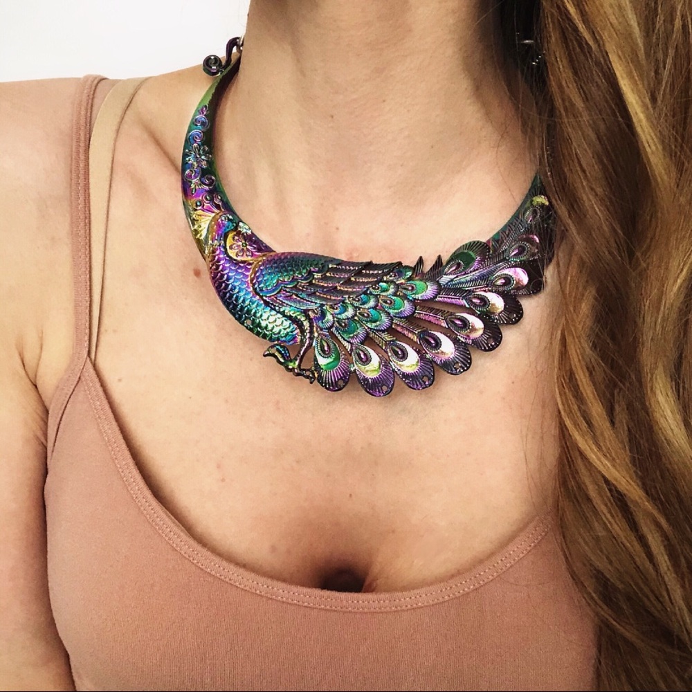 Iridescent Structured Metal Peacock Necklace